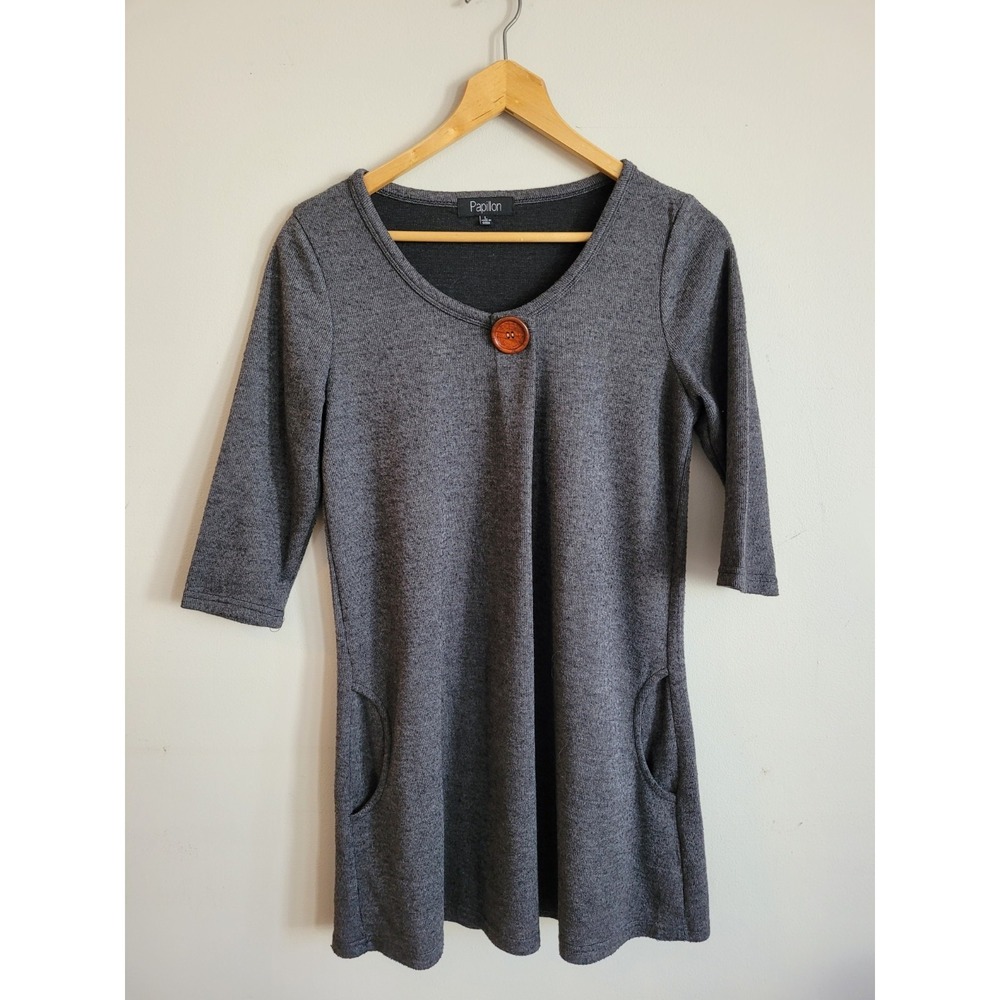 Papillon 3/4 Sleeve Pleat Dress/Tunic  Size L Grey Preppy‎ Hippy